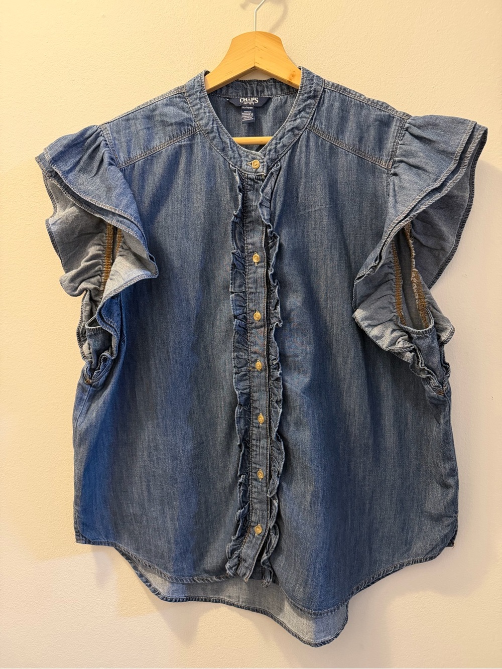 Chaps Woman’s Ruffle Denim Button-Front Top